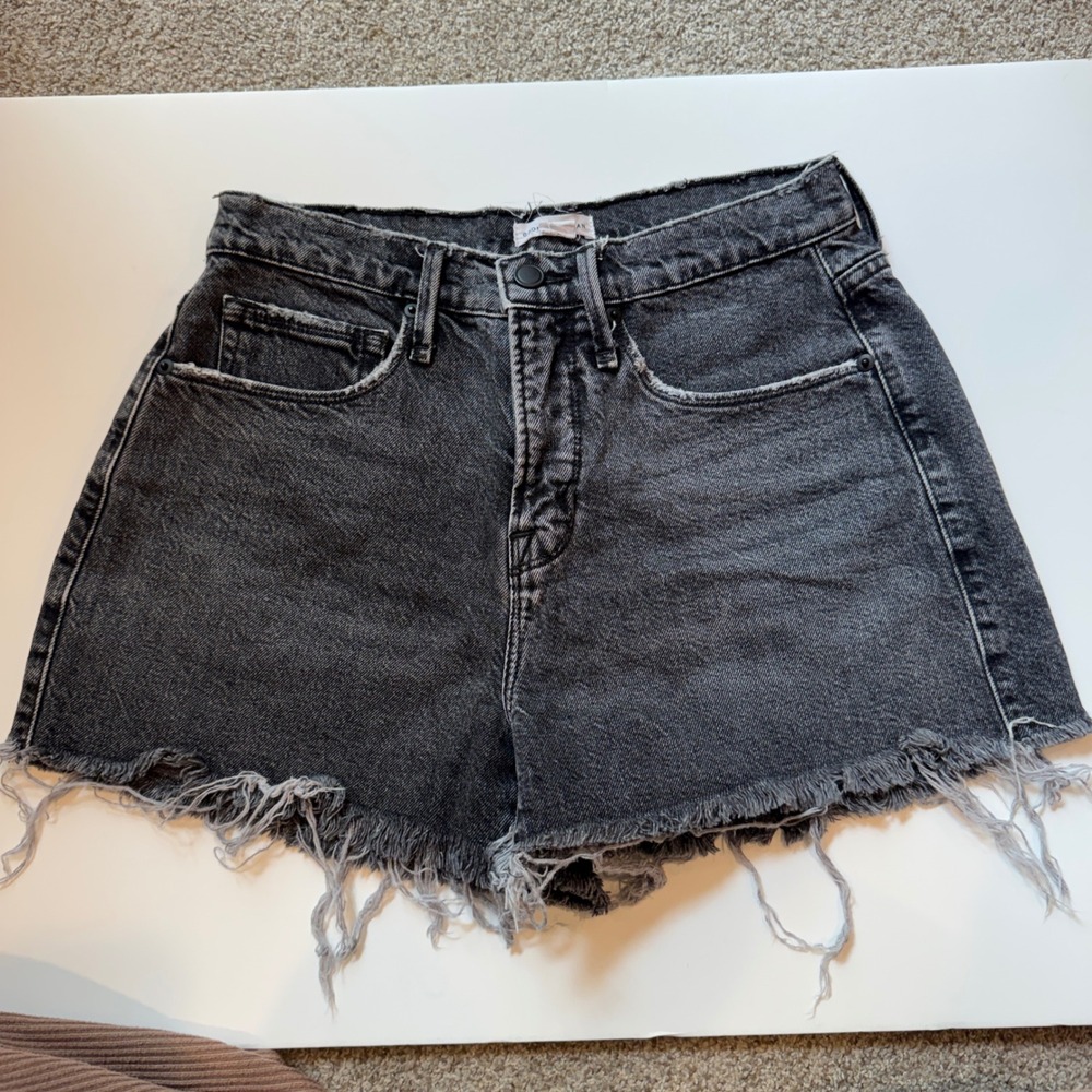 Good American High Rise Frayed Cut Off Denim Shorts Faded Black Size 00 24
